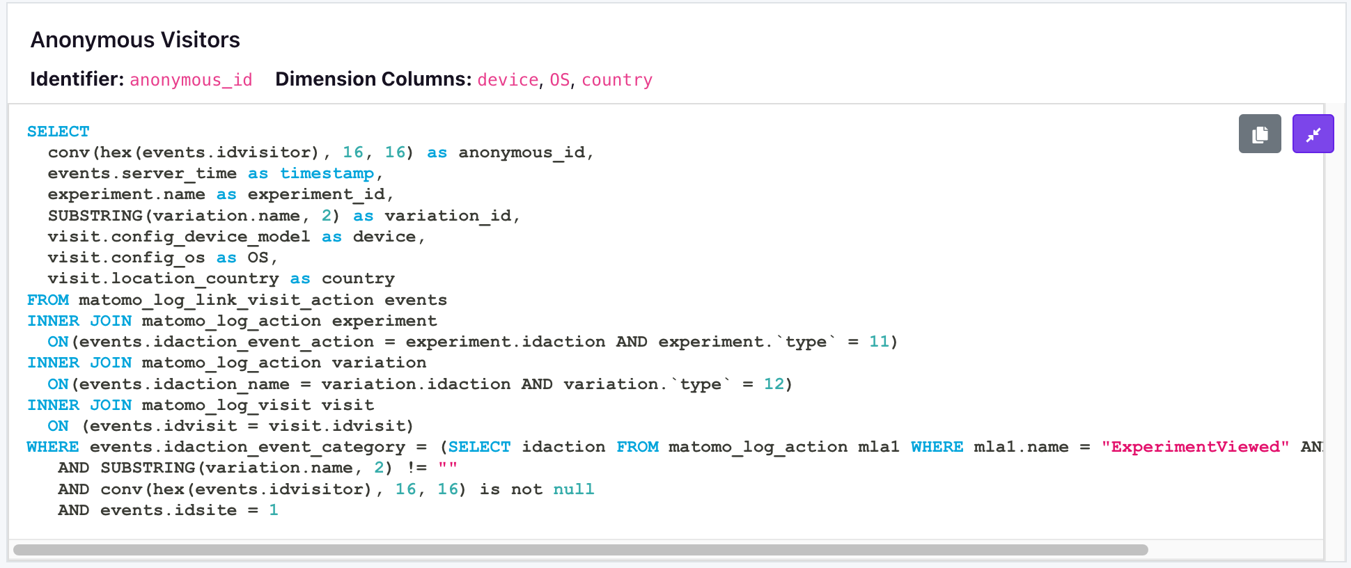 Default Matomo experiment exposure query